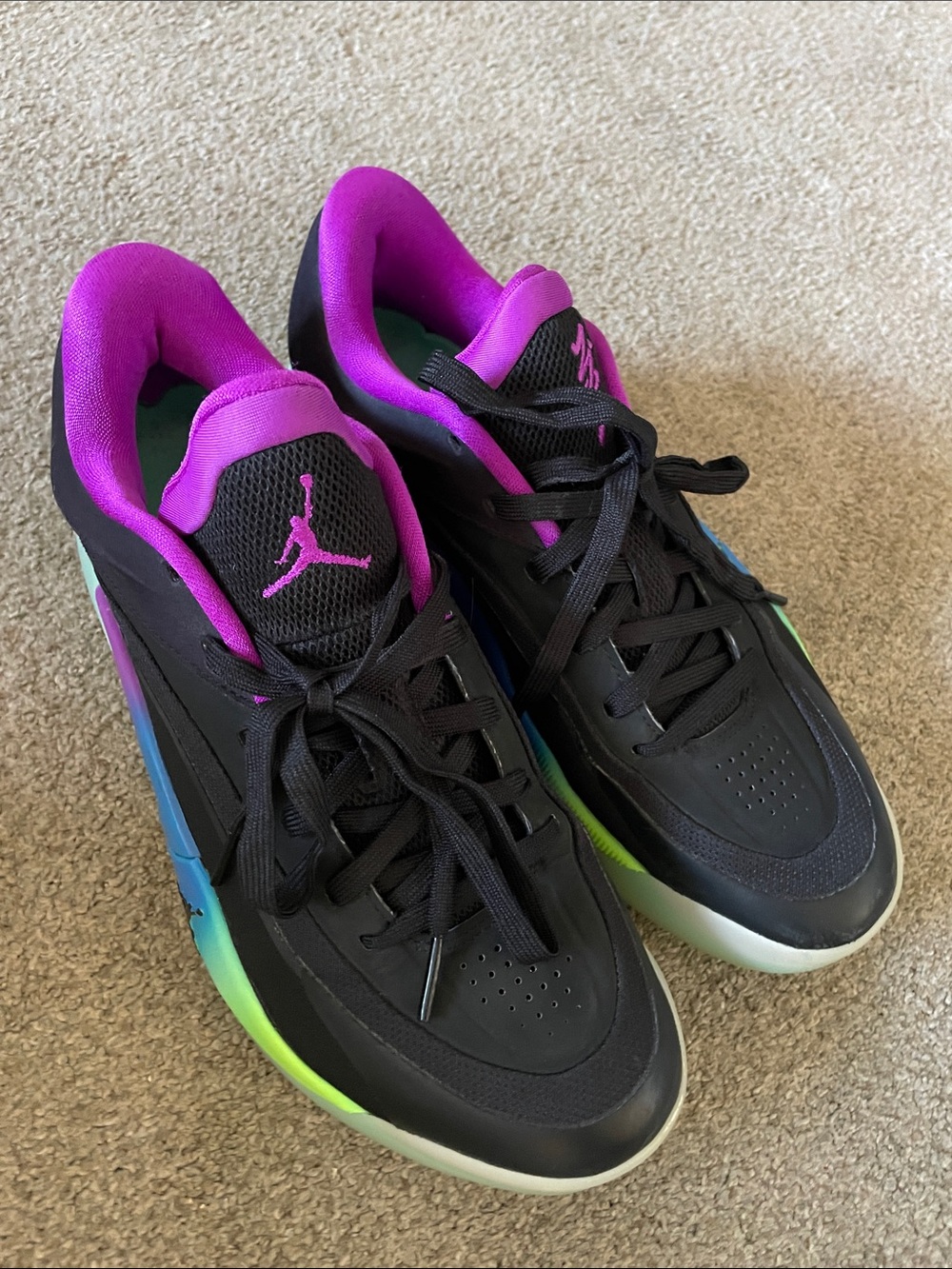 Jordan Low-Top Basketball shoes in Black and Purple with Rainbow Side Gradient